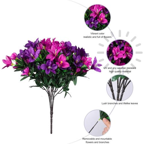 INSPRING Artificial Fake Flowers for Outdoors Fall Decoration, 3 Bundles Realistic Outdoor Faux Azalea Plants UV Resistant Silk Flowers for Outside Planter Patio Porch Garden Yard Home Decor