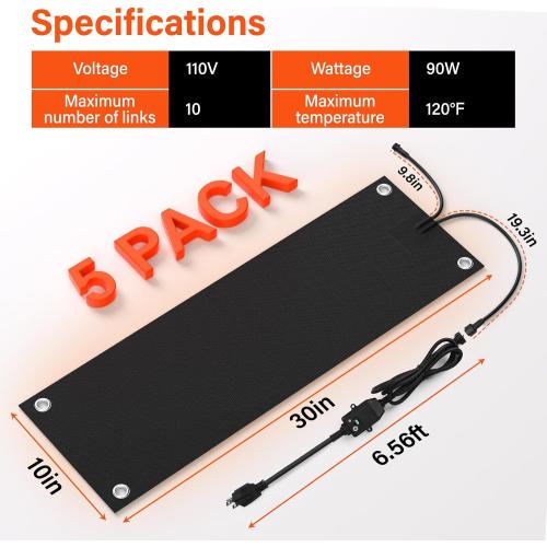 5 Pcs Heated Snow Melting Mats,10 x 30 in No-Slip Rubber Heated Outdoor Mats,Snow and Ice Melting Mats for Winter Outdoor Stairs,Steps,Doorways,Walkways,Driveway,2 in/h Melting Speed