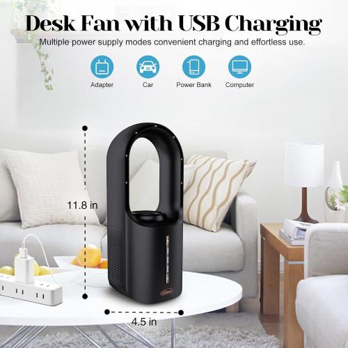 Inmorven Bladeless Desk Fan, Small Desktop Fans for Office Quiet Plug In, Mini Table Fan for Bedroom, Portable Air Circulator with USB Charging, 11.8 Inch
