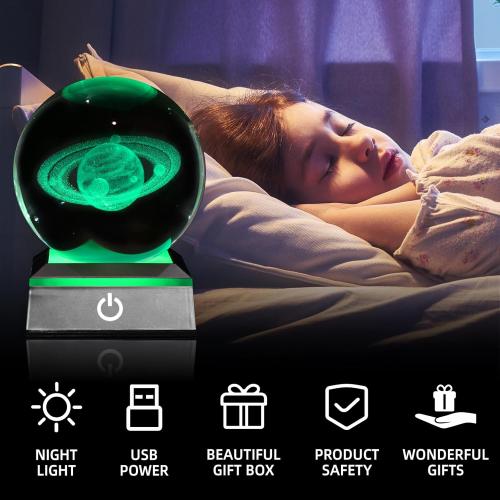 3.15 3D Saturn Crystal Ball Night Light 3.15 inch Glass Ball Table Lamp with Color Changing Touch Base Decor Ideal Saturn Gifts for Friends Kids Christmas Birthday
