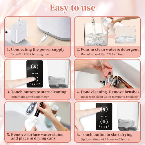 White & Pink LARDERGO Makeup Brush Cleaner Machine, Ultimate Efficient Electric Automatic Cleaner and Dryer for All Types of Makeup Brushes