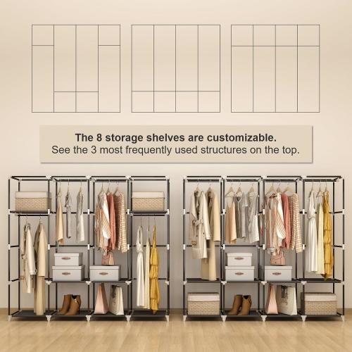 Portable Closet Wardrobe, 67-Inch Clothes Organizer with 4 Hanging Rods and 8 Shelves, Non-Woven Fabric Cover, Large Capacity Storage for Bedroom and Living Room, Black
