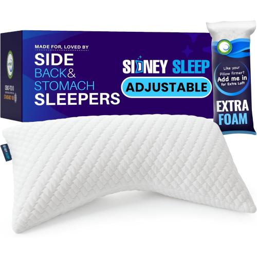 Sidney Sleep Bed Pillow for Side and Back Sleepers - Adjustable Filling - Memory Foam Pillow for Neck and Shoulder Pain - Customizable Loft - King Size - Additional Foam Bag Included (White)