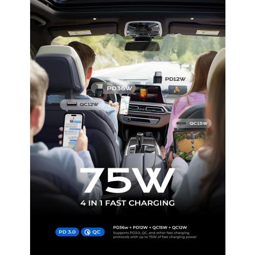 LISEN Retractable Car Charger USB C [Upgraded Dual Type C] 75W Fast 4 in 1 Car Charger for iPhone 17, Gifts for Him Her Men Women, Car Accessories for Galaxy S25 S26 Phone 17 Pro Max 16 15