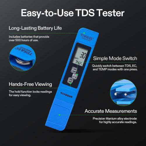 VIVOSUN Digital pH and TDS Meter Kits, 0.01pH High Accuracy Pen Type pH Meter ± 2% Readout Accuracy 3-in-1 TDS EC Temperature Meter for Hydroponics, Pool and Aquarium, Yellow Blue, UL Certified