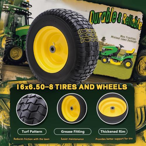 16x6.50-8 Tire and Wheel Assembly (2 Pack),Flat Free Lawn Mower Tires with Rim, Solid Rubber Riding Lawn Mower Tires and Wheels,3 Offset Hub,3/4 Bushings,16x6.5-8 Tractor Turf Tire(Yellow)