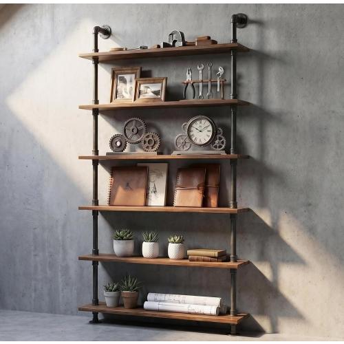 Industrial Pipe Bookshelf, 6 Layer Rustic Modern Wood Ladder Shelf with Metal Frame, Home Decor, Display Shelving, Retro Floating Shelving, 35.4x9.8x79in, 10-20lbs, Pine