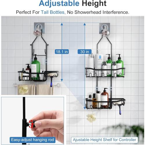 Upgraded Extended Length Shower Organizer with Hooks, Rustproof Shampoo Soap Holder, Large Hanging Bathroom Caddy