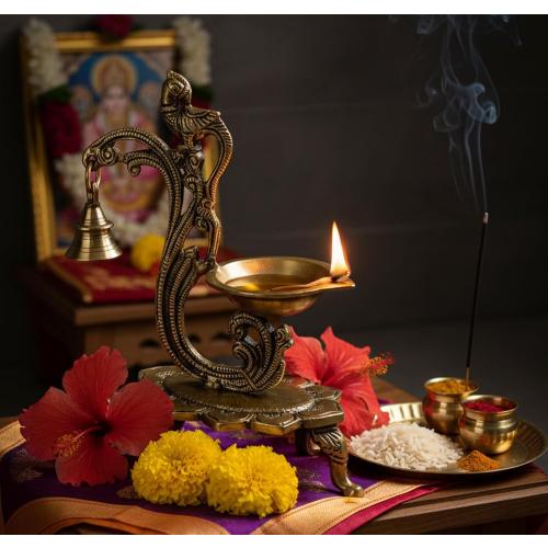 eSplanade - 8 - Peacock Diya with Bell - Lotus Shaped Round Brass Diya | Oil Lamp Deepam | Home Decor | Kuthu Vilakku | Oil Lamps for Home and Office