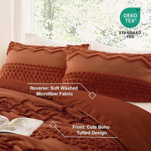Luxudecor Terracotta Boho Tufted Comforter Set Boho Shabby Chic Comforter Farmhouse Embroidery Bedding Set Soft Comforter for All Seasons (Terracotta)