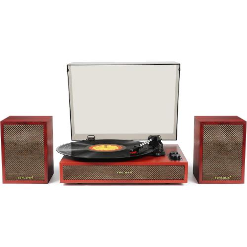 Vinyl Record Player with Dual External Speakers, 3 Speed Vintage Stereo Turntable for Vinyl Records, Bluetooth Input, Auto Stop & Belt Driven System, RCA Out and Aux in