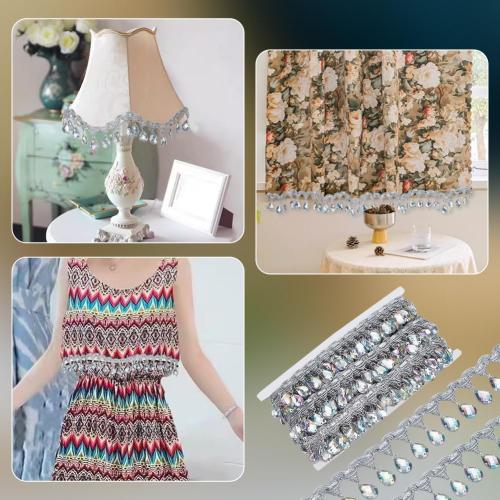 FINGERINSPIRE 10 Yard Hanging Beads Fringe Lace 1.5 inch Wide Polyester Sewing Fringe Tassel Trim Silver Trim with Crystal Pendant for Sewing Cafts Wedding Party Decoration