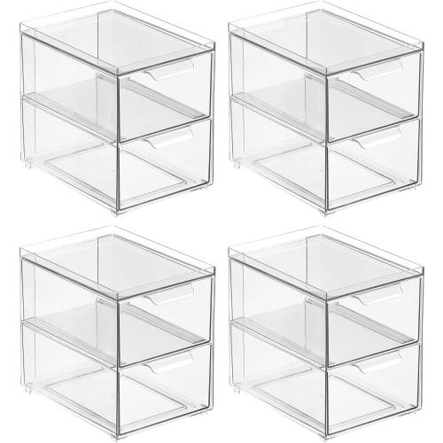 mDesign Stackable Storage Containers Box with 2 Pull-Out Drawers - Stacking Plastic Drawer Bins for Master or Guest Bathroom, Linen Closet, Vanity, Makeup Table Lumiere Collection 4 Pack, Clear