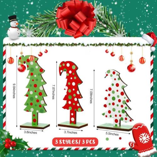 3 Pcs Wood Christmas Tree Tabletop, Lime Green Bendable Mini Christmas Tree Small Decor Farmhouse Standing with Base for Home Office Tabletop Decoration (Polka dot)