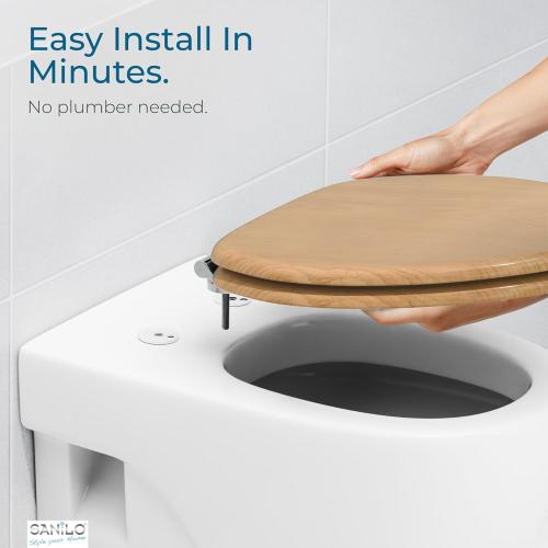 SANILO Wooden Toilet Seat with Soft Close [ELONGATED] - Decorative, Quiet & Slow Close Molded Wood Seat - With Strong Bumpers & Hinges - Adjustable Fit - Wood