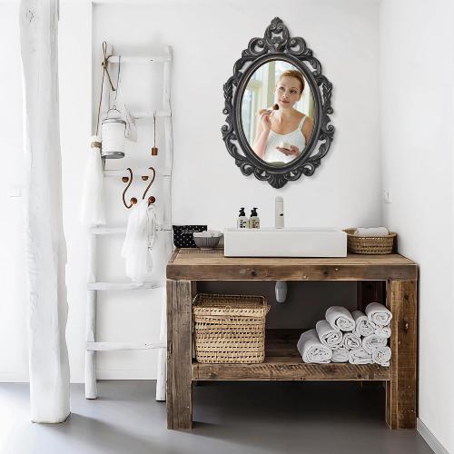 Black Oval Wooden Frame Vintage Wall Mirror Baroque Style Arendahl Traditional Carved Hanging Mirror for Wall Decorative Antique Mirror Aesthetic for Vanity Bedroom Living Room Kitchen Entryway