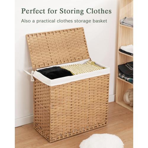 SETVSON Laundry Hamper with Lid Laundry Basket 132 L (35 Gal) Wicker Clothes Hamper, Handwoven Rattan Hamper with Handles and 4 Removable Liner Bags, 6 Mesh Bags for Laundry Bedroom Natural