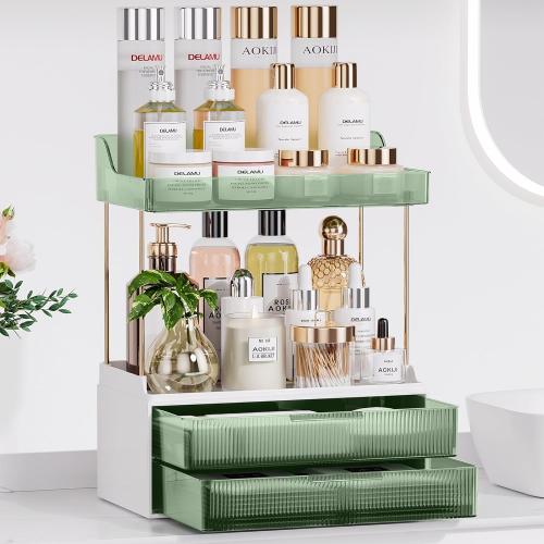 Bathroom Counter Organizer, 2-Tier 2-Drawer Makeup Organizer Countertop, Easy to Install, Ideal for Bathroom Storage, Vanity, Perfume, Large Skincare, Present, and More, DarkGreen