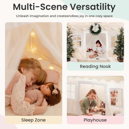 Tiny Land Play Tent with Padded Mat & LED Lights, Kids Tent, Playhouse for Kids, Indoor Bed Tent for Toddler, Toys for 3,4,5,6-Year-Old Girls, Neutral Color Play Room Furniture