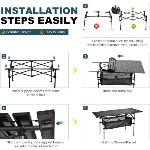 Size 47” x 21.65” x 26.7 Lightweight Aluminum Folding Camping Table (47” x 21.65” x 26.7”), Portable Roll-Up Design for Outdoor, Camping, Beach, BBQ, Patio, and Picnic, Durable & Waterproof with Carrying Bag