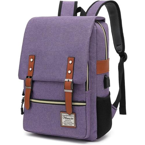 Mancio Vintage Slim Laptop Backpack for Women Men,Tear Resistant Business College Bag with USB Charging Port,Purple.