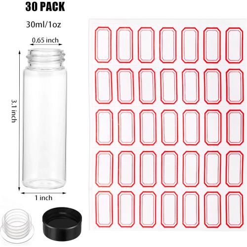 Nicunom 30 Pack 30ml Glass Vials with Screw Caps and Stoppers, 1oz Clear Glass Bottles Small Empty Vials Liquid Sample Vial, Leak-Proof