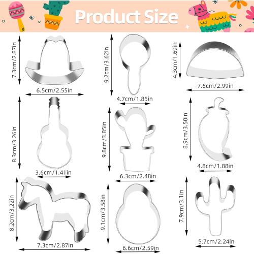 9 Pieces Cinco de Mayo Cookie Cutters Set, Regular Stainless Steel Mexican Fiesta Pinata Cookies Cutter includes Cactus Pepper Taco Avocado Sombrero Maraca Llama Guitar Baking Mold Decorations