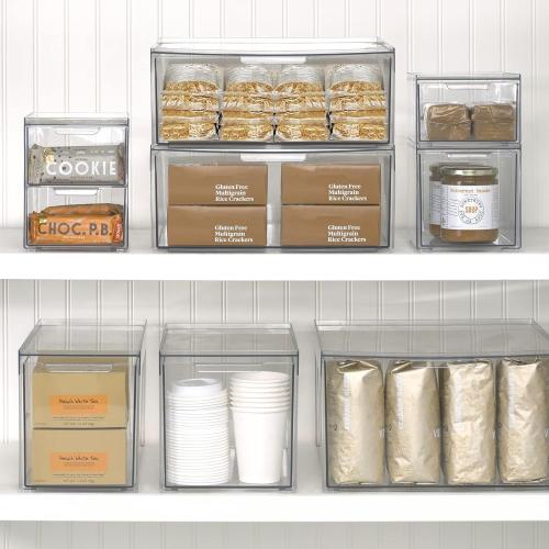 mDesign Stackable Storage Containers Box with 2 Pull-Out Drawers - Stacking Plastic Drawer Bins for Master or Guest Bathroom, Linen Closet, Vanity, Makeup Table Lumiere Collection 4 Pack, Clear