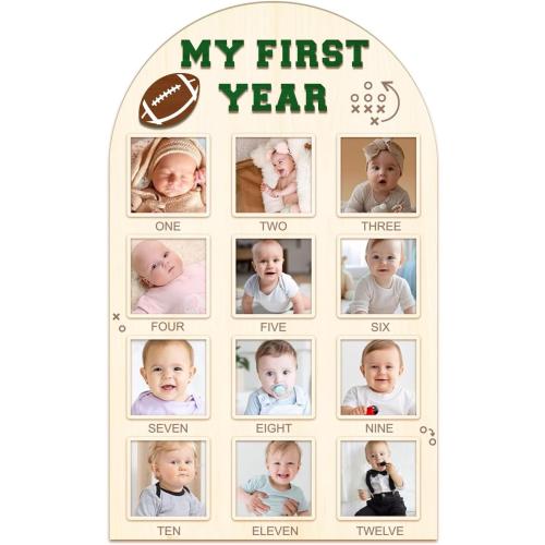 Partico My First Year Photo Board - Baby's First Year Photo Frame 12 Months Milestone Board Football Photo Display Wood Board 1st Birthday Picture Frame Decorations (fits 4 x 4 photo)