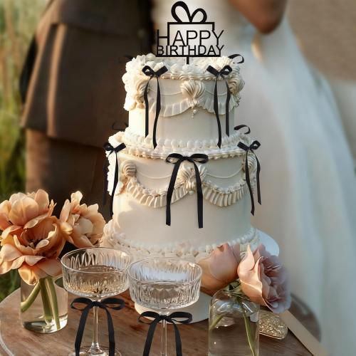 11 Pack Bow Cupcake Toppers Birthday Bowknot Ribbons Cake Topper Coquette Themed Party Black Bow with Happy Birthday Sign for Girl Kids Baby Bridal Wedding Party Cake Decorations