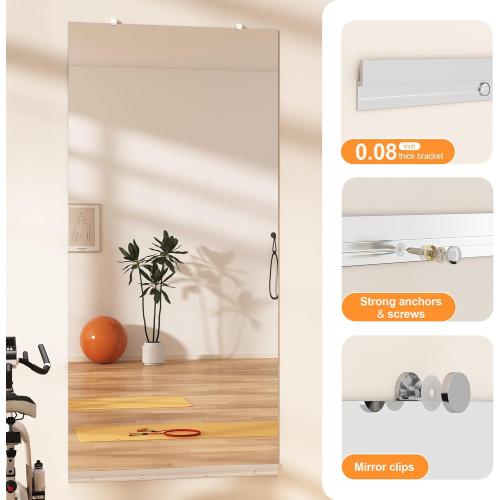 Hasipu Home Gym Mirror, 48x24 Each, 2-Pack Frameless Wall Mounted Mirrors with Glass Clamps & 1 Aluminum Rail, Large Body Mirror for Home Gym, Yoga Studio, Bedroom, Silver Tempered Glass