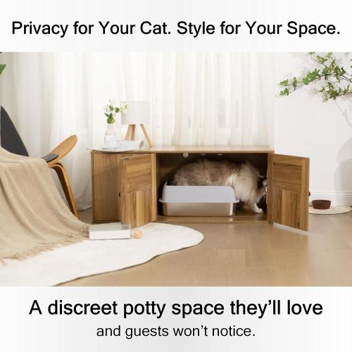 Cat Litter Box Enclosure Furniture with Storage, Hidden Litter Box Cabinet 42.5L x 18.5W x 16.9H, Double as Cat House TV Stand End Table for Living Room, Midcentury Modern Style (Pine, Plain Doors)