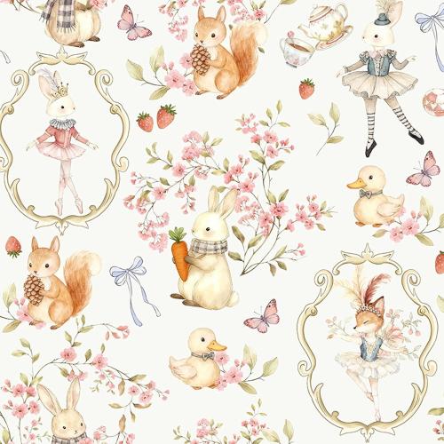 French Vintage Watercolor Peel and Stick Wallpaper, Whimsical Floral Self Adhesive Contact Paper with Ballet Bunny Squirrel Butterfly Strawberry 17.3in x 118in, Removable for Girls Nursery, Renter