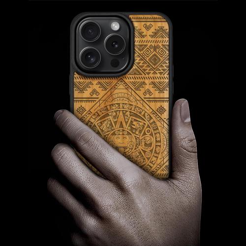 Carveit Magnetic Wooden Case for iPhone 16 Pro Case, Wood Artisan Engraved & Black Soft TPU Shockproof Cover, Compatible with MagSafe Wireless Chargers (Aztec Calendar) Cherry