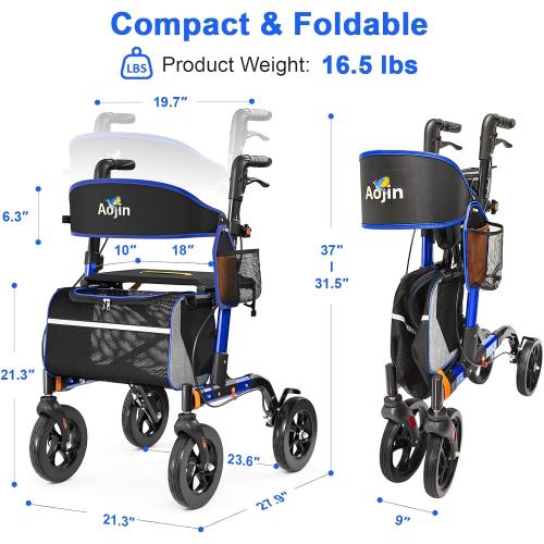 Walkers for Seniors, Rollator Walker with Seat, 350 lb Weight Capacity, 18 Big Seat, 8 All-Terrain Wheels, 6-Level Adjustable Height, Lightweight Aluminum Frame Rollator Walkers for Seniors (Blue)