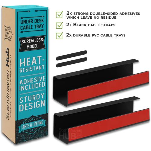 No-Screw Under Desk Cable Management Tray - Self-Adhesive Installation, Cord Management, Cable Tray, Under Desk Wire Organizer - ** White** Set of 2