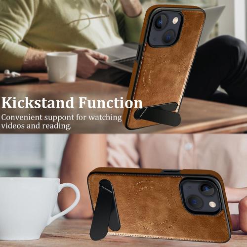 Magnetic for iPhone 14 Leather Case, for iPhone 13 Phone Case, Built-in Stand, Compatible with MagSafe, Silicone Strap, TPU Interior Protective, Shockproof Slim Cover (Brown)