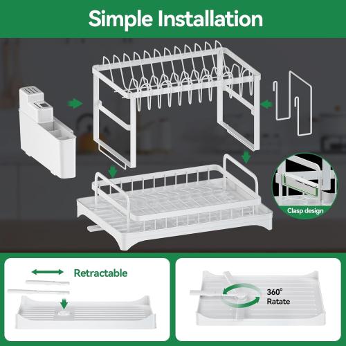 2-Tier Dish Drying Rack with Drainboard, Sink & Countertop Metal Dish Rack Organizer, Dish Drainers for Kitchen Counter, White Dish Racks