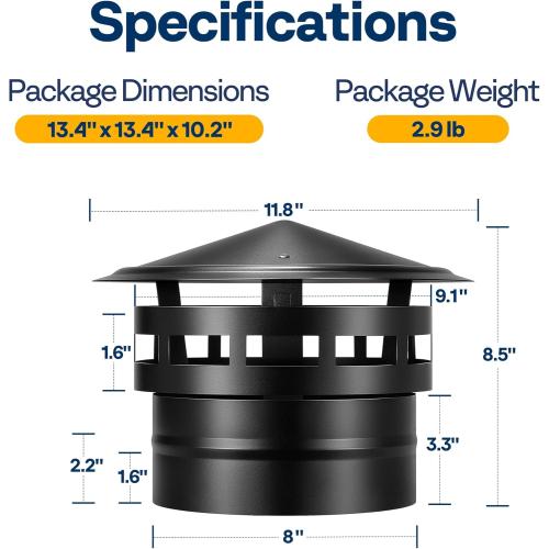 VIVOHOME 8 Cone Top Chimney Cap with Screen, Fireplace Round Chimney Cover, Galvanized Steel Exhaust Rain Caps for Outside, Easy to Install Flue Cap, Black