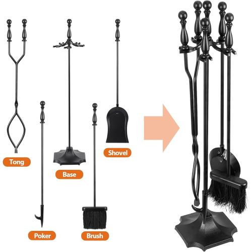 5 Pieces Fireplace Tools Sets Indoor Outdoor Wrought Iron Large Fire Place Set Tools, Fire Pit Tools with Poker Shovel Tongs Brush and Stand, Black