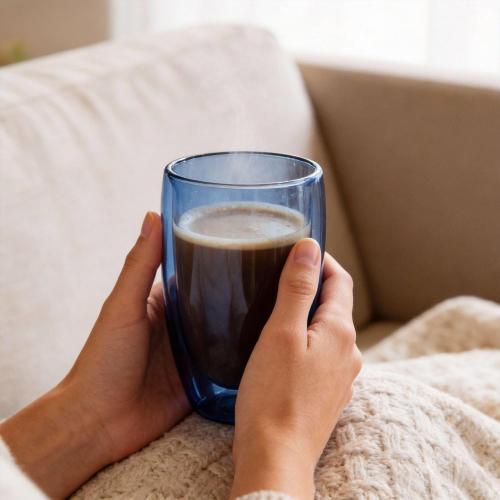 Double Wall Glass Cup Set of 2 - Insulated Coffee Mug for Hot&Cold Drinks - for Home Café Iced Matcha, Coffee, Mixed Drinks, Colored Premium Borosilicate Glass in Ocean Blue/Botanic Green