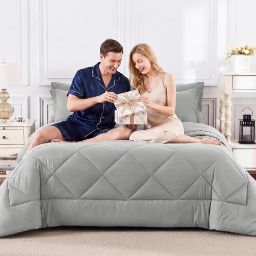CozyLux Queen Comforter Set with Sheets Light Grey - 7 Pieces Bed in a Bag