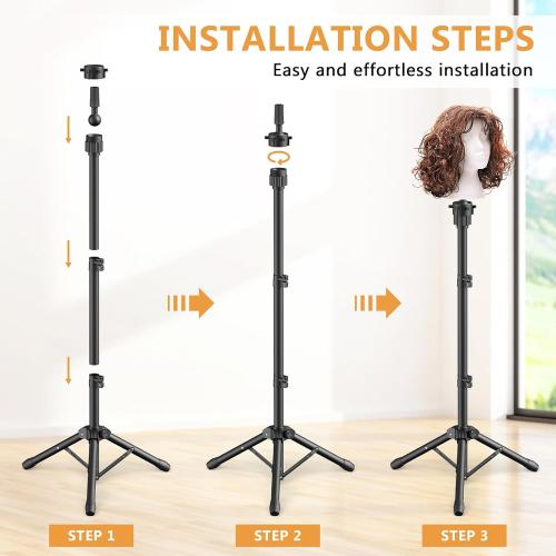Wig Head Stand 50 Inches, Height Adjustable Tripod Wig Stand, Salon Mannequin Head Stand with Anti-Slip Base for Styling, Wig Display Barber Training, Beauty School​ (Black)