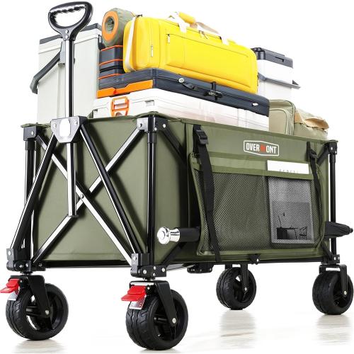 Color Green Overmont Collapsible Wagon Cart with Wheels - 180L Foldable Heavy Duty Wagon with Big All-Terrain Wheels - 330Lbs Weight Capacity with Side Pockets for Camping Sports Garden Grocery Shopping Green
