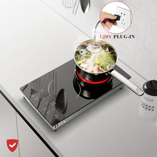 2 Burner Electric Cooktop 110v, 120v Plug In Electric Stove Top Burner, 12 Inch Built-in Radiant Electrics Stove, Countertop Ceramic Cooktop with Child Safety Lock, Timer, Over-Temperature Protection