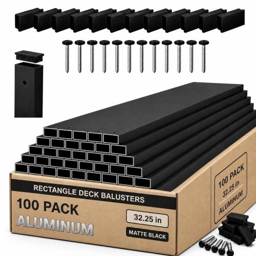 ZONEGRACE 100 Pack 32.25 Black Aluminum Rectangular Deck Balusters, Contractor Value Metal Railing Spindles with End Caps & Stainless Screws for Porch Stair Balcony