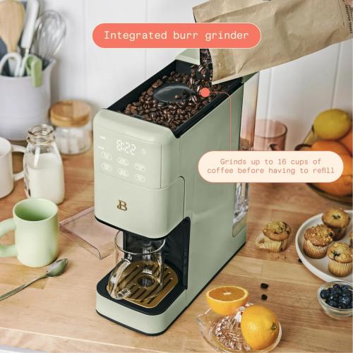 B - Perfect Grind Programmable Single-Serve Coffee Maker with Built-In Grinder, Fresh Ground Brewing, Touch Controls, Reusable Filter, Compact Countertop Design (Sage Green)