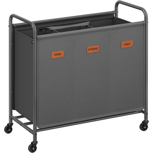 SONGMICS 3-Section Laundry Sorter, Laundry Hamper with Wheels, Rolling Clothes Hamper Cart with Large Capacity and Removable Bags, for Laundry Room, Bedroom, Bathroom, Slate Gray URLS330G01