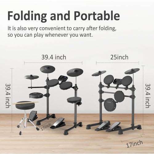 AODSK Electric Drum Set for Beginner Kids with 150 Sounds,4 Quiet Drum Pads,2 Pedal,Throne,Sticks,Electronic Drum with Headphone,AED-400