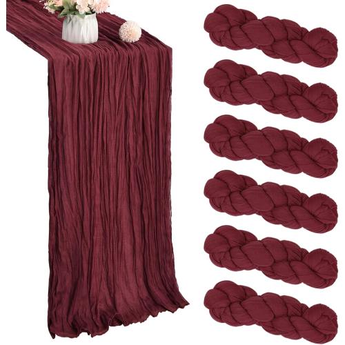 6 Pack 10FT Burgundy Christmas Cheesecloth Table Runner Table Runner 35x120 Inch Gauze Rustic Boho Cheese Cloth for Thanksgiving Wedding Decor Birthday Party Baby Shower Centerpiece Decoration